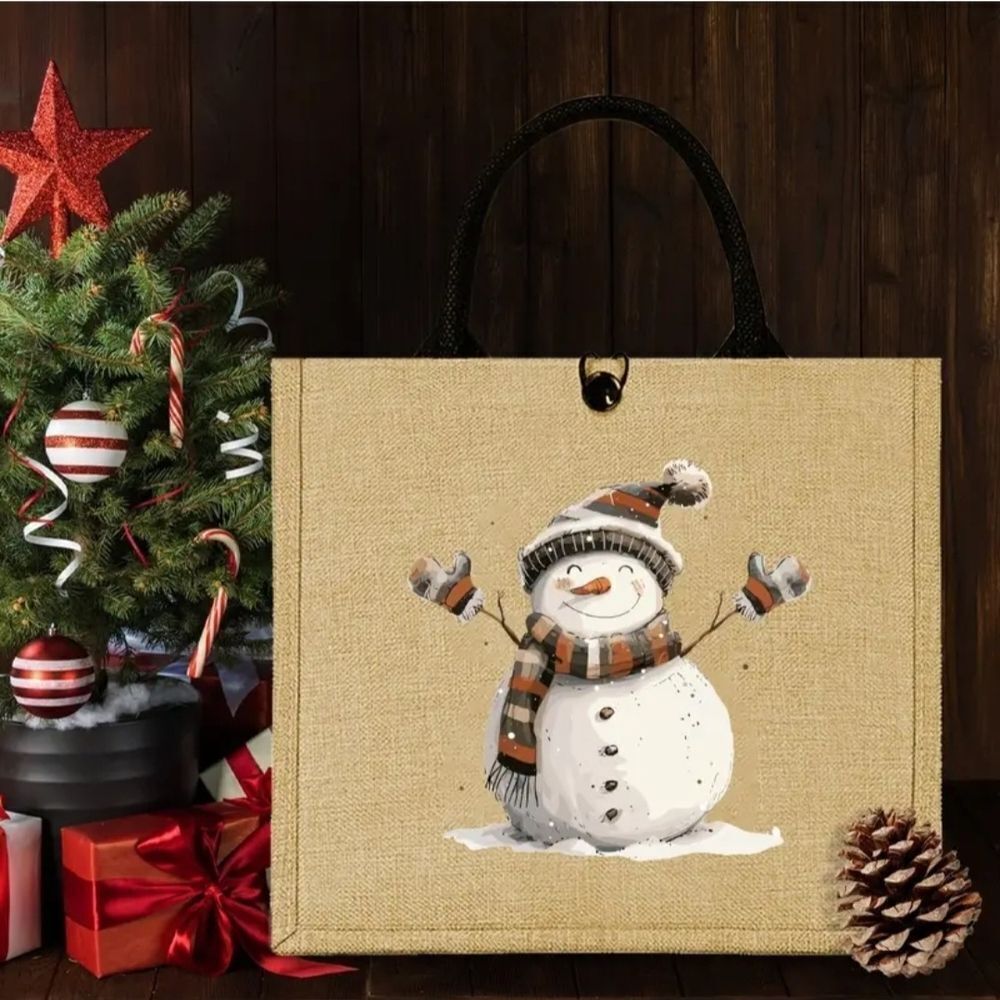 Festive Snowman Tote Bag - Tan